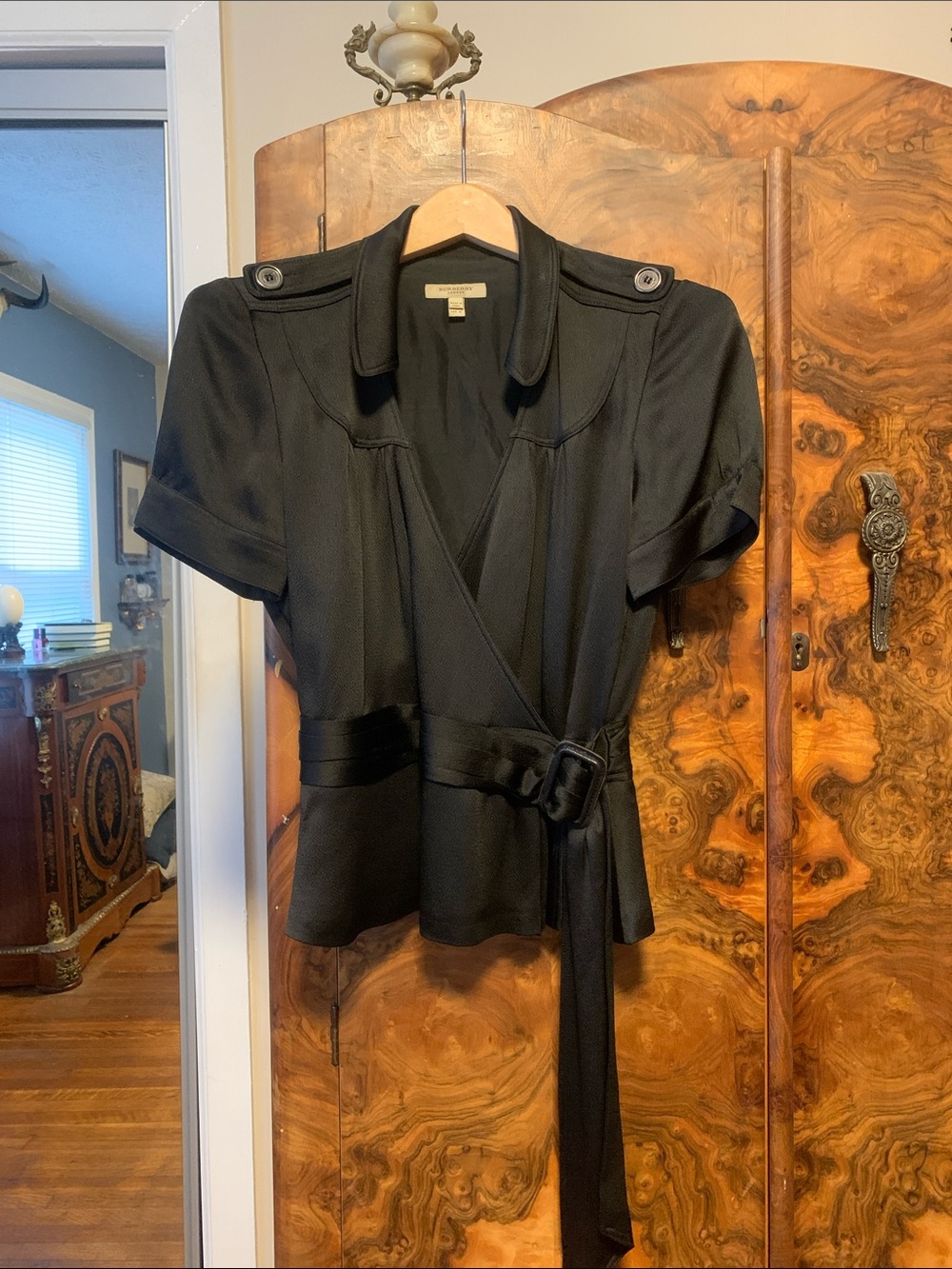 Burberry Silk Black Short-Sleeve Wrap Blouse with Belted Waist